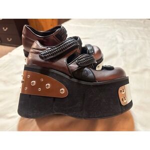 Demonia Kera-13 Black-Pewter Vegan Leather 4 1/2 Metal Plated Platform | SZ 8